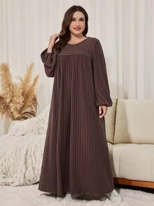 Lacomfia Minimalist Casual Solid Color Ribbed Trim Crew Neck Long Sleeve Loose Fit Regular Spring Autumn Plus Size Dress - Chocolate Brown - View 5