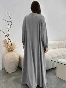 Lacomfia Women's Round Neck Long Sleeve Loose Fit Casual Versatile Grey Plus Size Dress With Pockets, Autumn/Winter - Grey - View 2