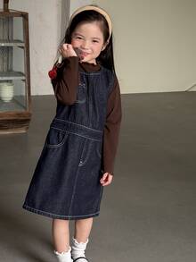 Dazy Kids Young Girl) Round Neck Contrast Stitching Sleeveless Vest Style Autumn Denim Dress - Dark Wash - View 8