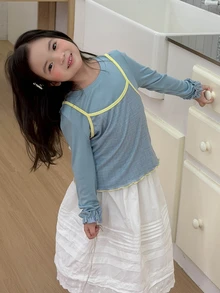 Dazy Kids Young Girl) Round Neck Design 2 In 1 Tank Top Patchwork Casual Contrast Color Inner Layer Autumn T-Shirt - Blue - View 6