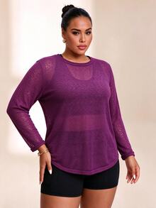 SHEIN Rhythm Era Plus Size Women Solid Color Long Sleeve Casual Fitness Sports T-Shirt - Bold Plum - View 3