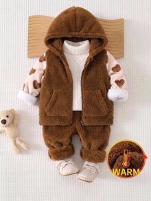 SHEIN Baby Girl Heart Print Thick Plush Patchwork Contrast Color Hooded Zip-Up Jacket With Cuffed Hem And Straight Leg Solid Color Plush Pants, Suitable For Winter - Brown - View 7