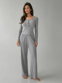 DAZY Women's Solid Color Button Half-Placket Long Sleeve Top And Pants Loungewear Set - Grey - View 9