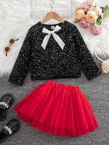 SHEIN Genkimix Kids 秋冬新款韓系小眾簡約休閒日常生日套裝 7歲小女孩可愛套裝 棕色白色 - 紅色 - 查看 2