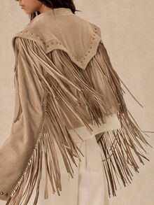 Easelle Vintage Western Streetwear Bohemian Nomad Rivet Fringe Loose Structured Women's Jacket Rave Concert Khaki Fall - Khaki - View 2