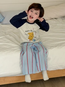 DAZY Baby Boy Letter Cartoon Print Raglan Long Sleeve Top And Pants Loungewear Set - Blue and White - View 1