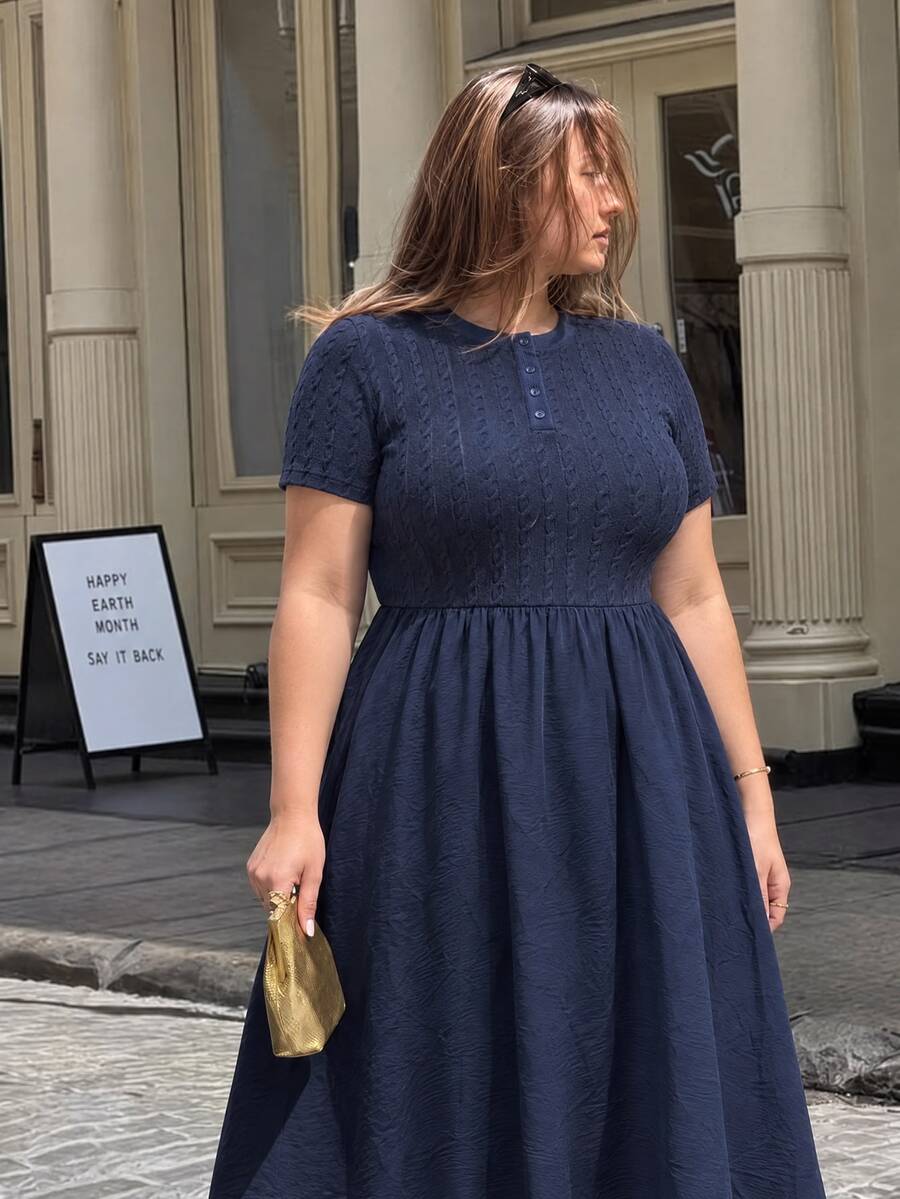 SHEIN MOD Plus Size Women's Navy Blue Cable Knit Textured Button Decor Round Neck Dress, Autumn, Winter - Navy Blue - View 1