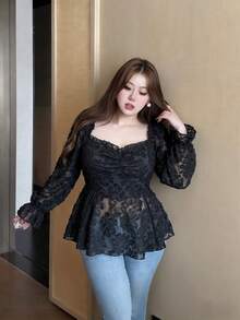 Vibekara New Elegant Sweet Chiffon & Contrast Lace Puff Sleeve Blouse, Frill Trim Cropped Shirt For Women, Slim Fit Fall - Black - View 4