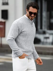 Marcello Vane 男士半高領長袖套頭毛衣，休閒針織秋冬服飾，淺灰色寬鬆版型時尚通勤穿搭，百搭半拉鍊麻花編織套頭毛衣 - 淺灰色 - 查看 3