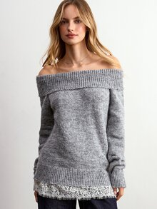 Willow Rêve 女款灰色露肩蕾絲拼接下擺套頭毛衣 - 灰色 - 查看 4