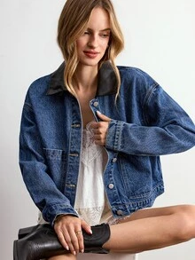 Willow Rêve Áo khoác denim xanh phối cổ PU đen cho nữ - Màu xanh lam - Xem 5