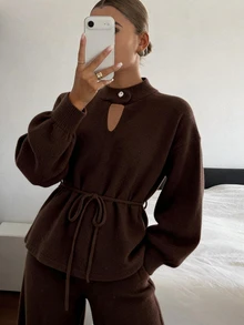 DAZY Women's Solid Color Pleated Long Sleeve Top And Pants Casual Daily Knit 2 Pieces Set - Brown - View 1