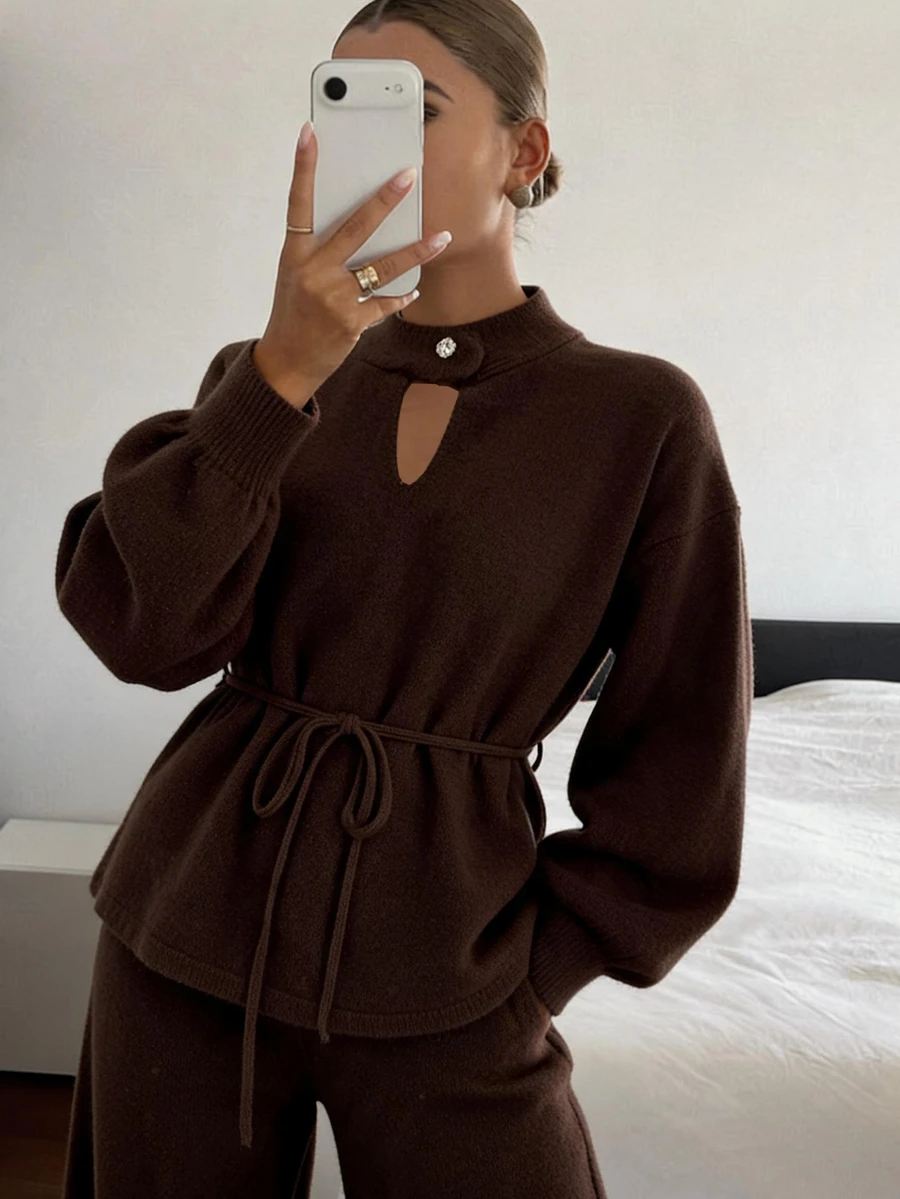 DAZY Women's Solid Color Pleated Long Sleeve Top And Pants Casual Daily Knit 2 Pieces Set - Brown - View 1