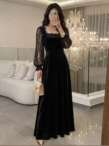 Modelyn Women's Black Velvet Knit Computer Rhinestone Lace Long Sleeve Cinched Waist A-Line Elegant Romantic Long Dress - Black - View 9