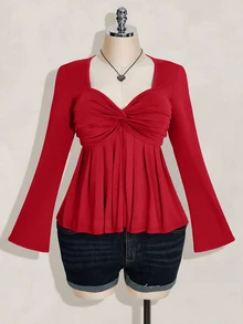 SHEIN ICON Plus Size Women's Black Chest Twist Knit Top, Babydoll Y2k, Graduation Season Homecoming Back To School Fall Cute Tops For, - Red - View 3