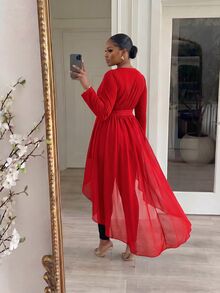 SHEIN Lady CURVE 大尺碼女款純色長袖高低下擺時尚襯衫，適合辦公、晚餐、晚宴，黑色，秋季優雅款 - 紅色 - 查看 2
