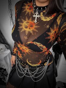 Whyspr Plus Size Halloween Mesh Digital Print Long Sleeve Women's Top - Multicolor - View 5