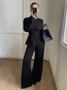 DAZY Women's Solid Color Long Sleeve Top And Pants Casual Daily Knit 2 Pieces Set - Black - View 2