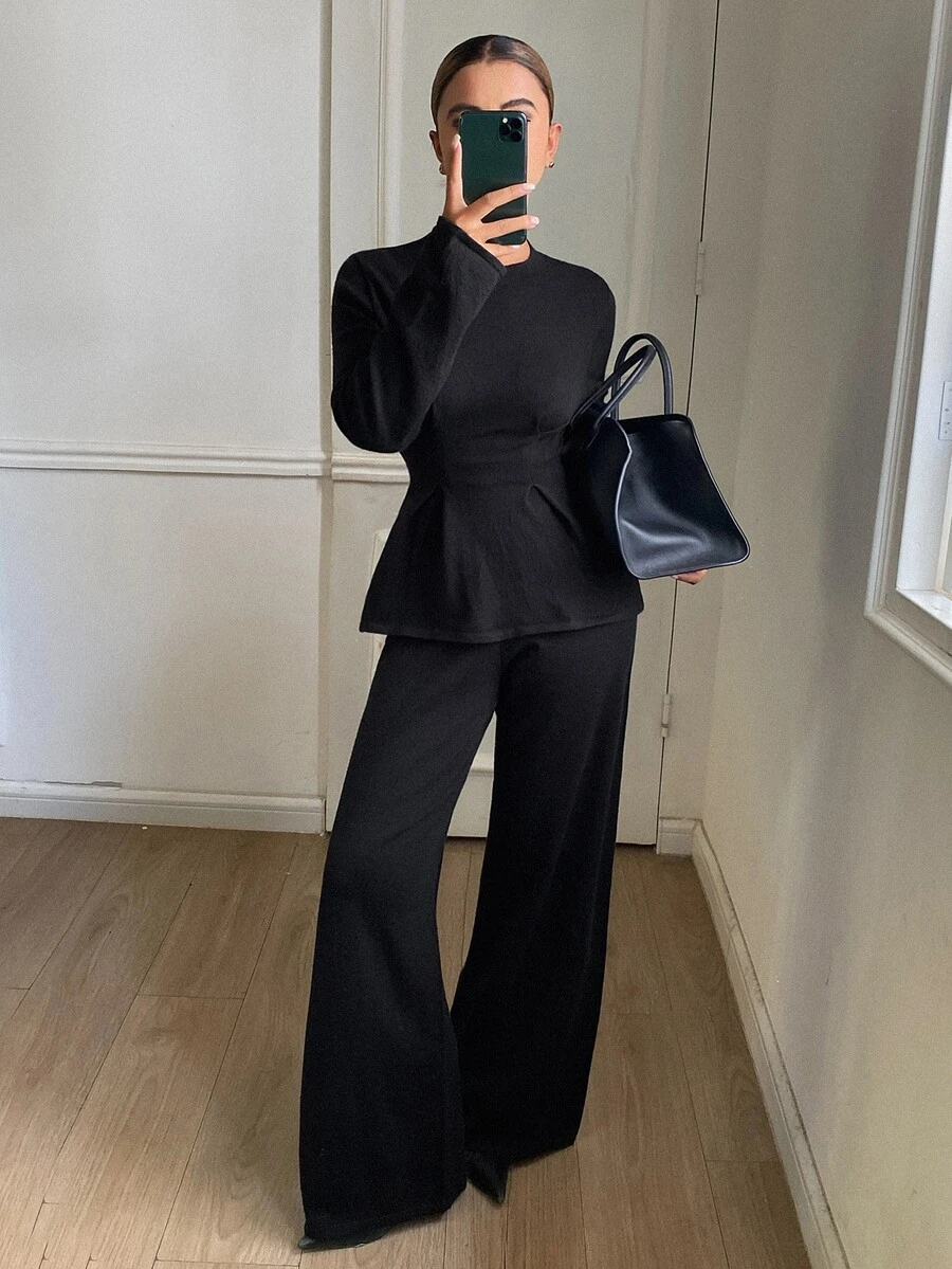 DAZY Women's Solid Color Long Sleeve Top And Pants Casual Daily Knit 2 Pieces Set - Black - View 1