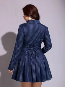 Viva Relle Plus-Size Sexy Striped Navy Blue With Silver Powder Dress Fall - Navy Blue - View 6