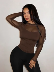 SHEIN SXY 性感對比蕾絲露背開孔T恤 深棕色 秋季 外出約會穿搭 - 棕色 - 查看 7