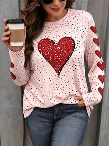 EMERY ROSE Plus Size Women Heart Pattern Print Round Neck Long Sleeve T-Shirt, Ladies Top - Multicolor - View 3