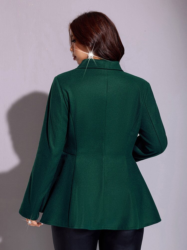 Viva Relle Áo blazer len ngắn nữ size lớn cho mùa thu/đông, cổ bẻ, một hàng khuy, eo chiết, gấu bèo, phong cách công sở thanh lịch tôn dáng - màu xanh lá - Xem 4