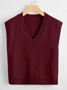 EMERY ROSE Plus Size Women's V-Neck Knit Vest Tank Top, Autumn New Loose Short Sleeveless Sweater Layering Outerwear, Burgundy Solid Color Basic Knit Top Fall - Burgundy - View 3