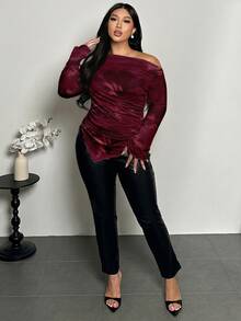 Firerie Plus Size Floral Print One Shoulder Asymmetrical Hem Top - Burgundy - View 4