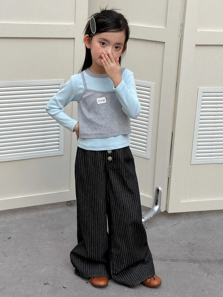 DAZY Tween Girl) Straight Leg Striped Autumn/Winter Long Pants Black Basic Style - Black - View 1
