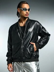 ROMWE MEN Street Life Men's Fashion Baseball Collar Zip-Up Jacket Print Long Sleeve Outerwear - Black - View 5