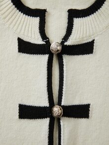 SHEIN Women Chinese Frog Button Contrast Trim Knit Cardigan, Long Sleeve Stand Collar Open Front Knit Jack - Black and White - View 8