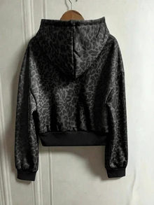SHEIN x Carly Lawrence INAWLY 女款豹紋休閒百搭日常穿著連帽衛衣 - 黑色 - 查看 2