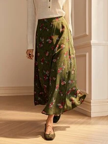 SHEIN Women's Vintage Floral Print Side Slit Midi Skirt For Casual And Commute - Army Green - View 5