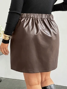 Firerie Plus Size Women's Solid Color PU Leather Fashion Versatile Mini Skirt - Coffee Brown - View 2