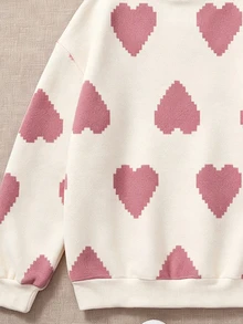 Tween Girl Casual Minimalist Loose Round Neck Comfortable Long Sleeve Sweatshirt, Suitable For Autumn/Winter, Classic Pixel Heart Pattern Print - White - View 7