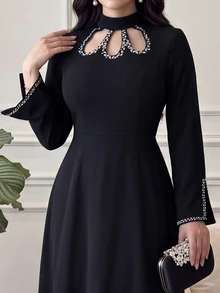 Feyla Women's Rhinestone Decorated Cut-Out Design Long Sleeve Elegant Dress - Black - View 3
