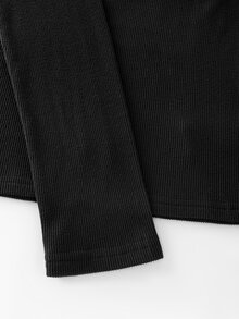 Balvessa Women's Autumn Brushed Ribbed & Mesh Patchwork Elegant Fashion Versatile Cold Shoulder T-Shirt - Black - View 4