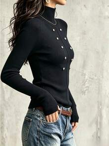 INAWLY Napoleon Style Metal Double-Breasted Commuter Versatile Street Fashion Knit Pullover Sweater - Black - View 3