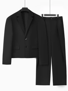 Manfinity Homme Men's Black Fashion Notch Lapel Loose Fit Top And Pleated Pants Casual Plus Size 2 Pieces Suit Set - Black - View 3
