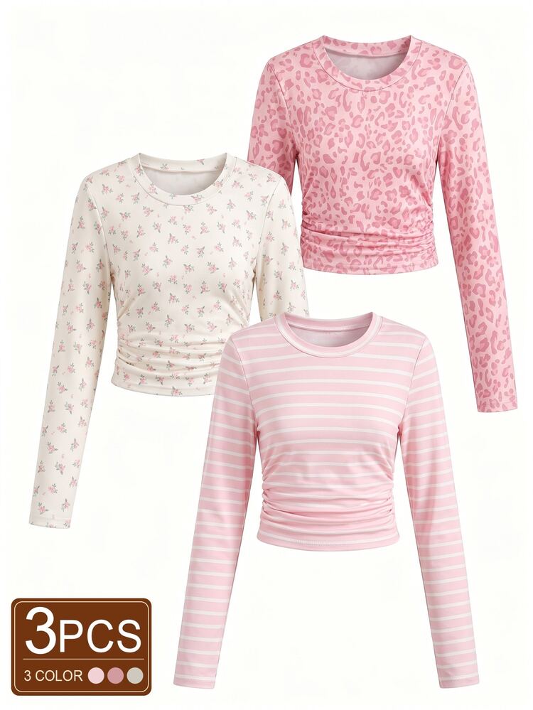 SHEIN Tween Girls Cute 3 Packs Ruched Side Long Sleeve Tee, Sweet Leopard Striped Ditsy Floral Print Shirts Casual Fall Winter Clothes - Multicolor - View 4