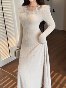 Feyla Women's Solid Color Contrast Lace Faux Pearl Decor Elegant Long Dress - Apricot - View 3