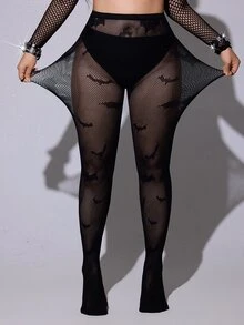 Whyspr Women's Plus Size Bat Pattern Fishnet Sexy Leggings - Black - View 2