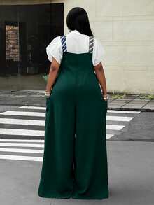 Maweii Plus Size Fashion Commuter Striped Suspender Jumpsuit Fall - Dark Green - View 6