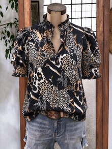 Linhara 大尺碼歐美風豹紋荷葉邊短袖襯衫上衣，夏季休閒度假穿搭上衣 - 彩色 - 查看 4