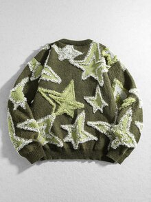 ROMWE MEN Street Life 男士毛邊時尚百搭長袖針織衫街頭風 - 軍綠色 - 查看 2