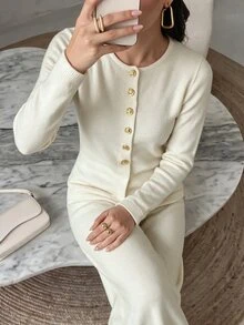Rue Lumi Knitted Round Neck Commuter Wide Leg Pants Set Women Solid Color Top 2 Pieces Set - Beige - View 3