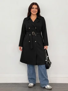 SHEIN PETITE CURVE 大尺碼女款純色雙排扣長袖百搭風衣外套 秋季 - 黑色 - 查看 9