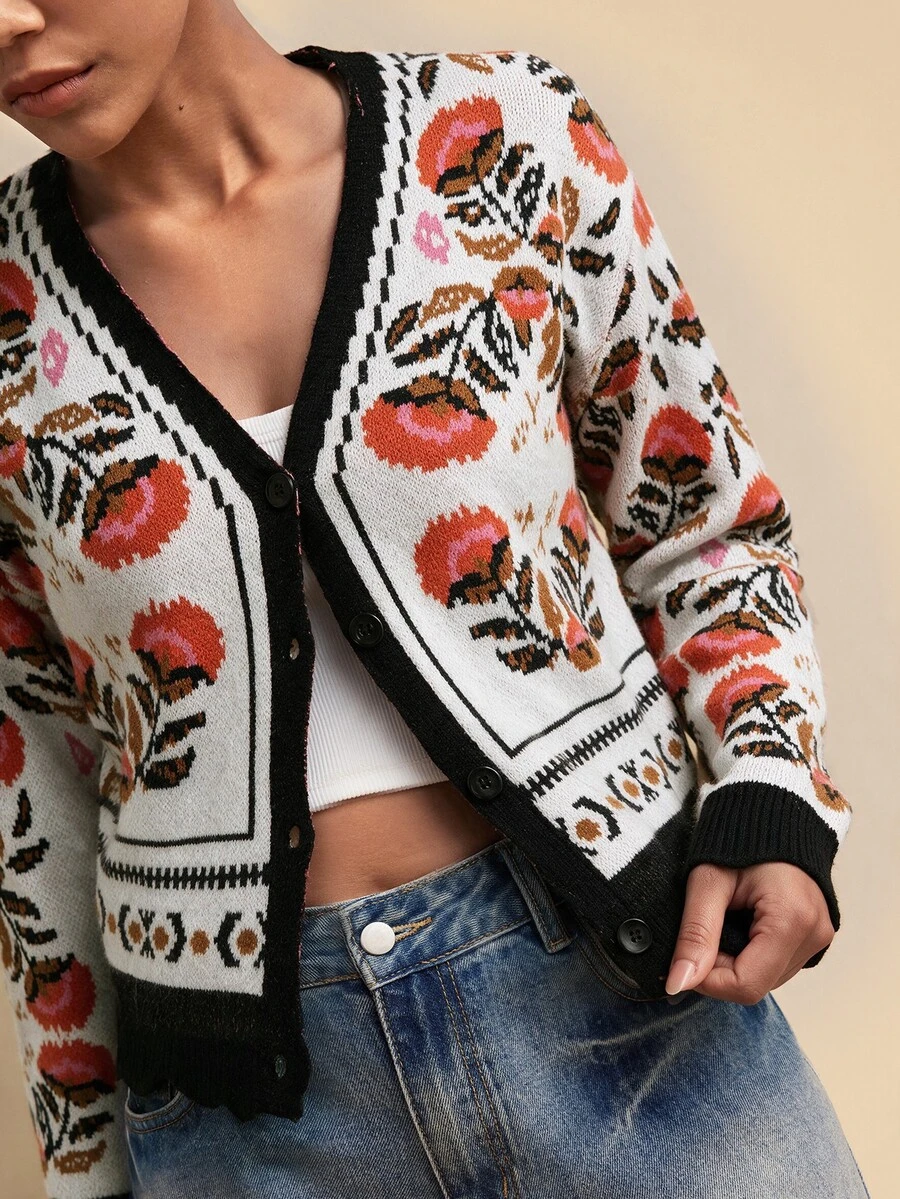 Travachic Women's Autumn/Winter Floral Pattern Long Sleeve Single-Breasted Casual Knit Cardigan - Multicolor - View 1
