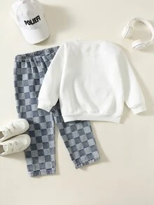SHEIN 2件組小男孩可愛白色秋季運動衫與藍色丹寧運動套裝，返校季夏季校園，兒童長袖小男孩兩件式牛仔套裝 - 彩色 - 查看 3